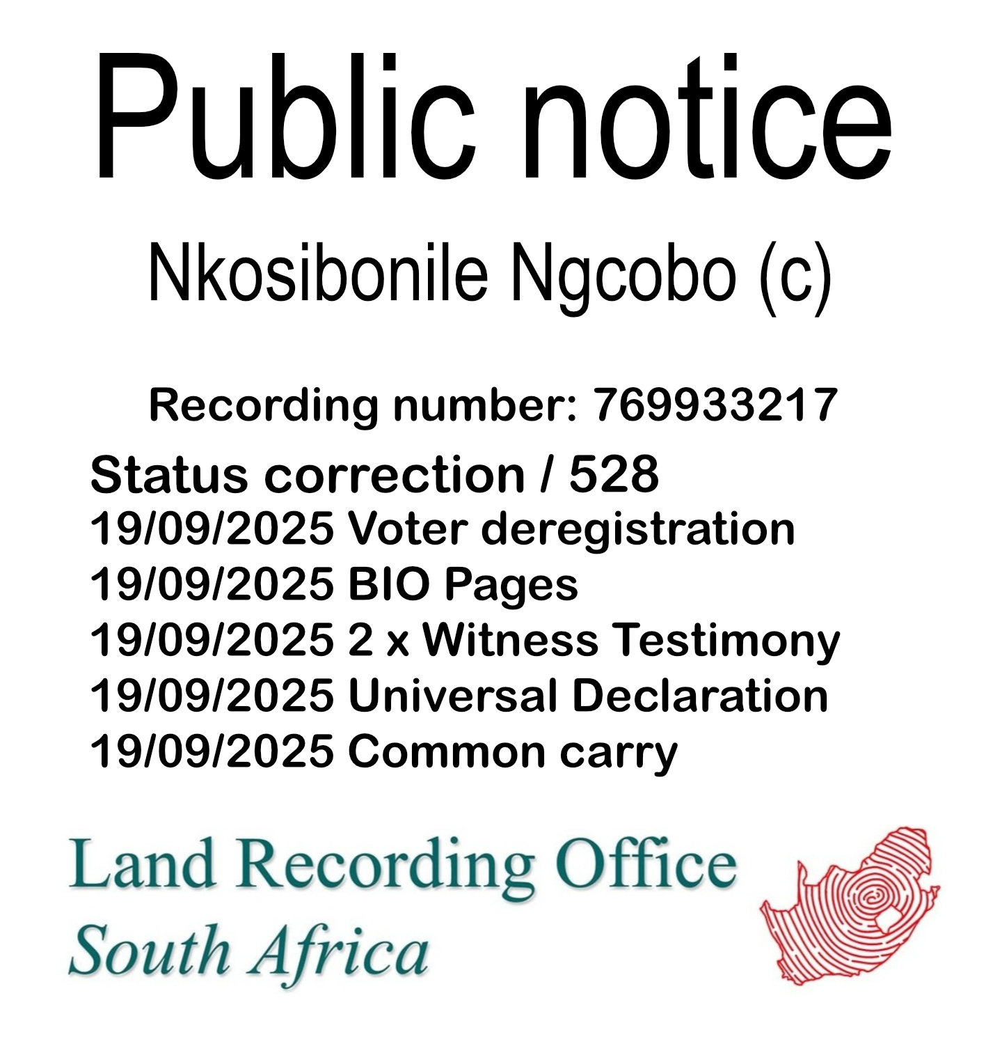 Public Notice Nkosibonile Ngcobo Recording Number 769933217